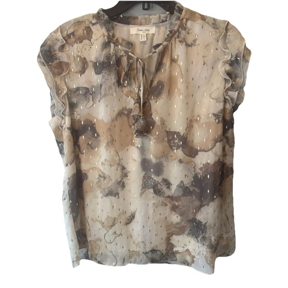 Haver & Blair Womens Ruffle Tassle‎ V Neck Natural Metallic Color Top XL Peasant